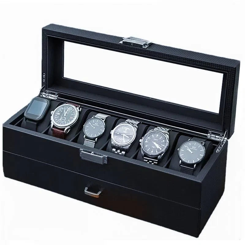 Uhrenbox für 6 Uhren – Carbon-Optik in Schwarz-Weiss – Ansicht 1