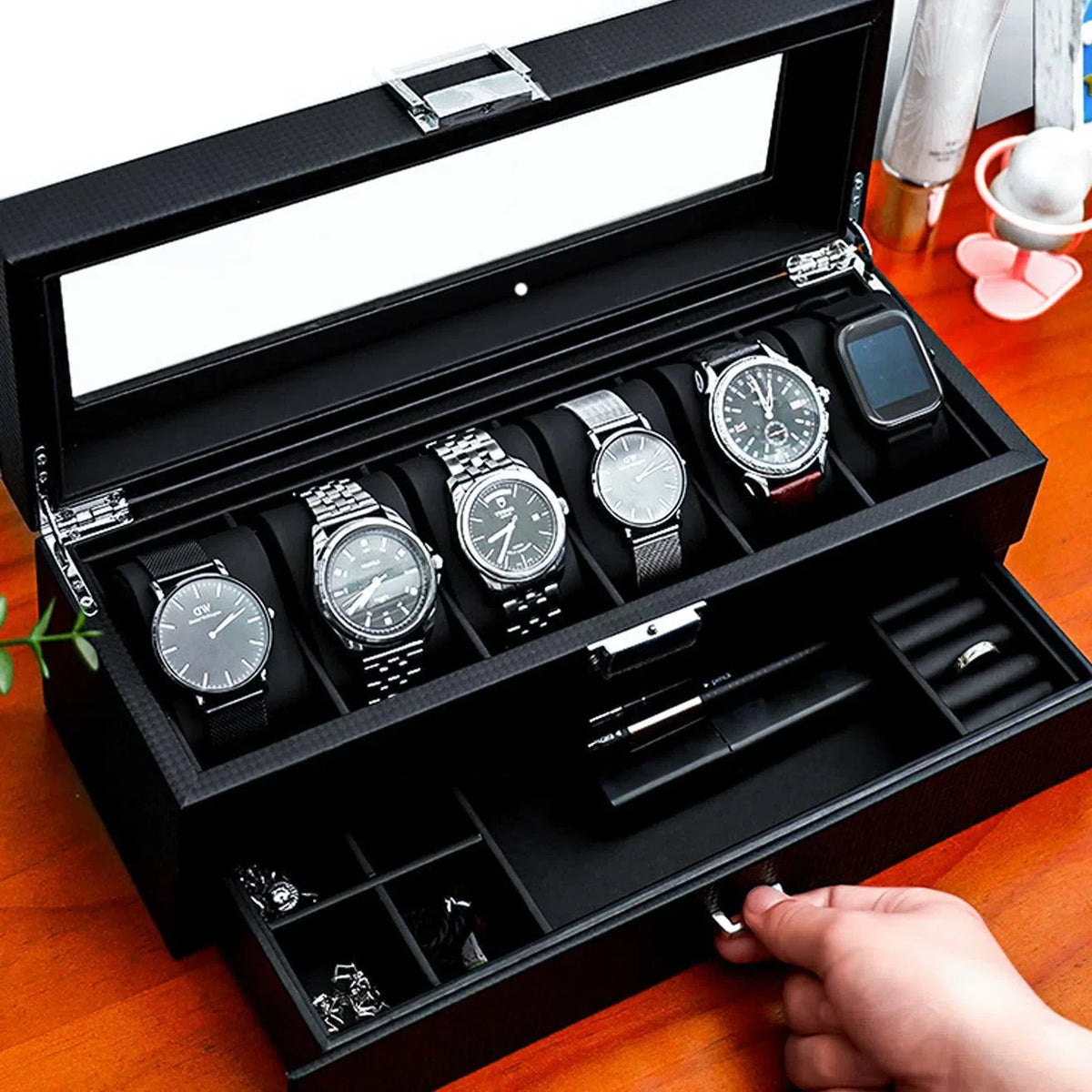 Uhrenbox für 6 Uhren – Carbon-Optik in Schwarz-Weiss – Ansicht 2